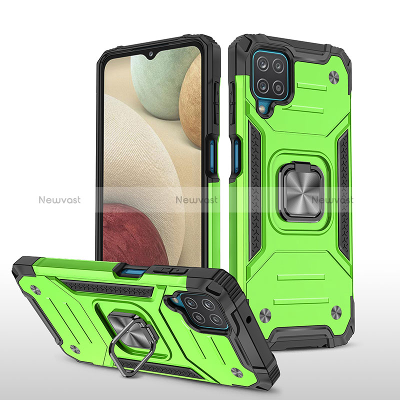 Silicone Matte Finish and Plastic Back Cover Case with Magnetic Finger Ring Stand MQ1 for Samsung Galaxy A12 Nacho Green