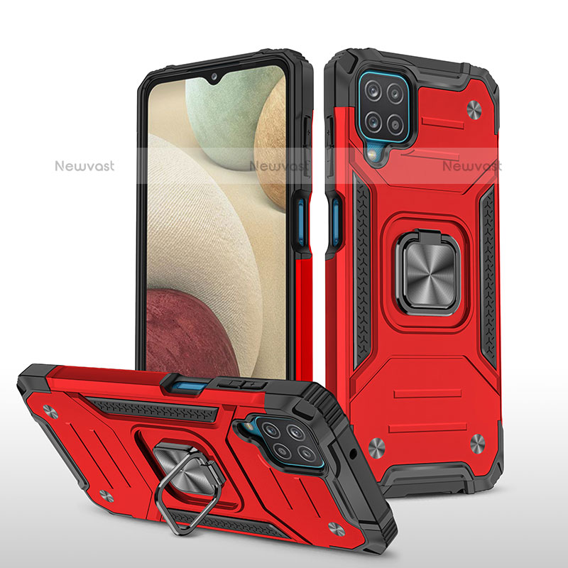 Silicone Matte Finish and Plastic Back Cover Case with Magnetic Finger Ring Stand MQ1 for Samsung Galaxy A12 Red