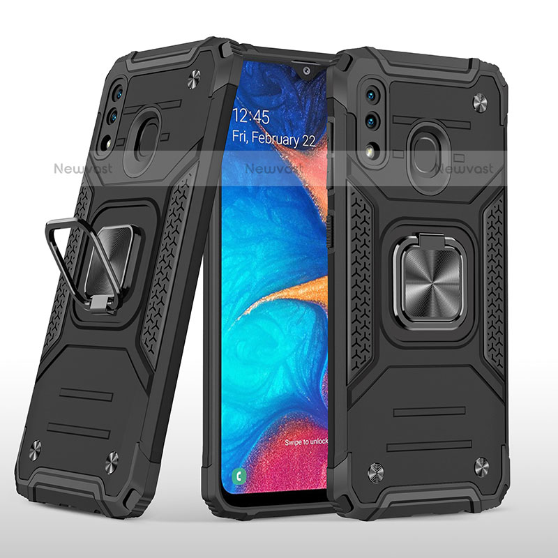 Silicone Matte Finish and Plastic Back Cover Case with Magnetic Finger Ring Stand MQ1 for Samsung Galaxy A20 Black
