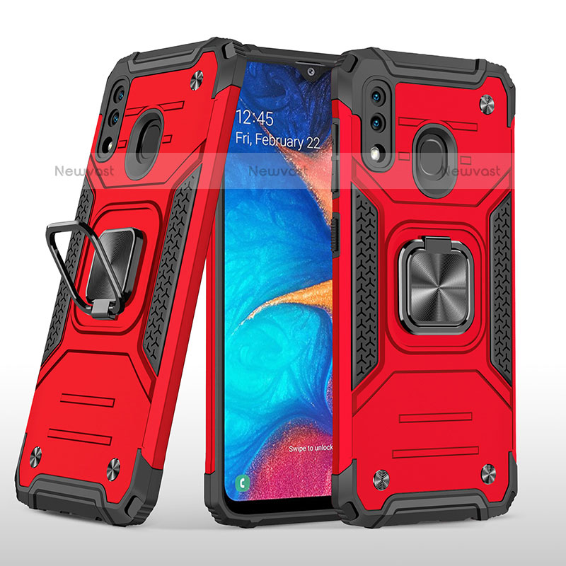 Silicone Matte Finish and Plastic Back Cover Case with Magnetic Finger Ring Stand MQ1 for Samsung Galaxy A20 Red