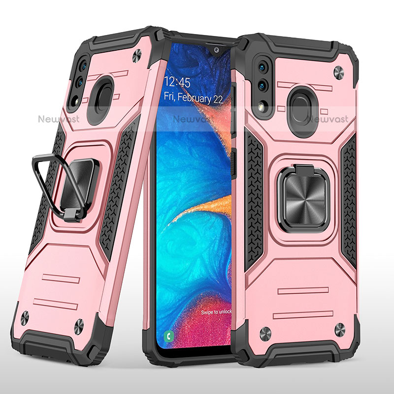 Silicone Matte Finish and Plastic Back Cover Case with Magnetic Finger Ring Stand MQ1 for Samsung Galaxy A20 Rose Gold