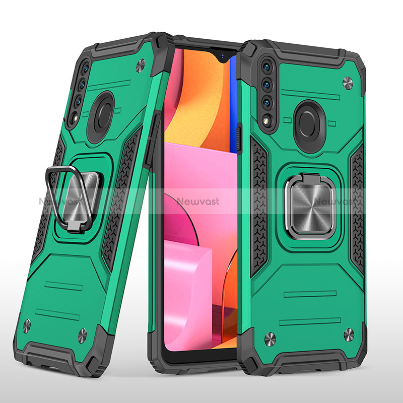 Silicone Matte Finish and Plastic Back Cover Case with Magnetic Finger Ring Stand MQ1 for Samsung Galaxy A20s Midnight Green