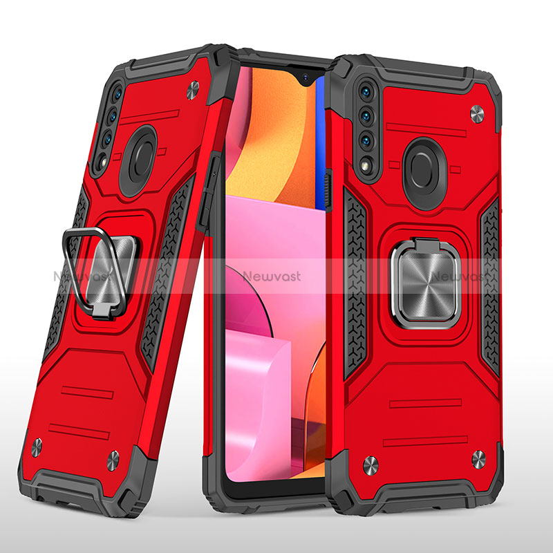 Silicone Matte Finish and Plastic Back Cover Case with Magnetic Finger Ring Stand MQ1 for Samsung Galaxy A20s Red