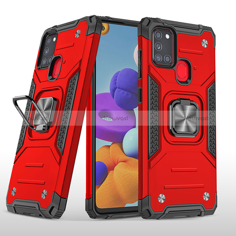 Silicone Matte Finish and Plastic Back Cover Case with Magnetic Finger Ring Stand MQ1 for Samsung Galaxy A21s Red