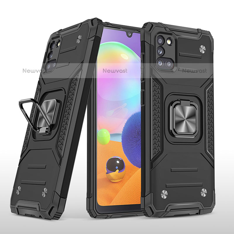 Silicone Matte Finish and Plastic Back Cover Case with Magnetic Finger Ring Stand MQ1 for Samsung Galaxy A31 Black