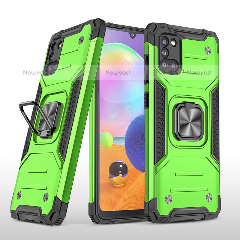 Silicone Matte Finish and Plastic Back Cover Case with Magnetic Finger Ring Stand MQ1 for Samsung Galaxy A31 Green