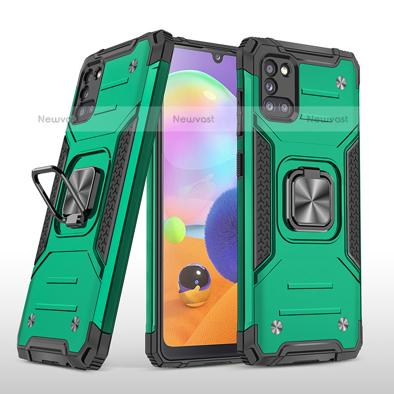 Silicone Matte Finish and Plastic Back Cover Case with Magnetic Finger Ring Stand MQ1 for Samsung Galaxy A31 Midnight Green