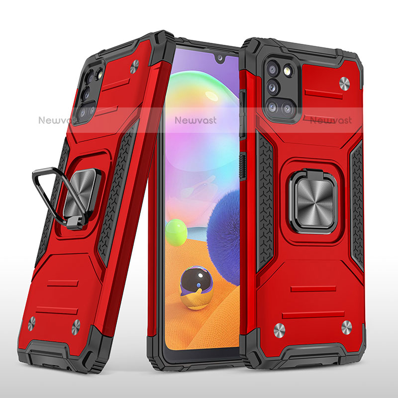 Silicone Matte Finish and Plastic Back Cover Case with Magnetic Finger Ring Stand MQ1 for Samsung Galaxy A31 Red