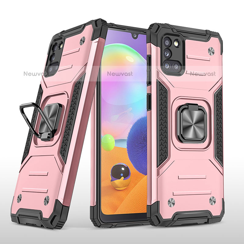 Silicone Matte Finish and Plastic Back Cover Case with Magnetic Finger Ring Stand MQ1 for Samsung Galaxy A31 Rose Gold