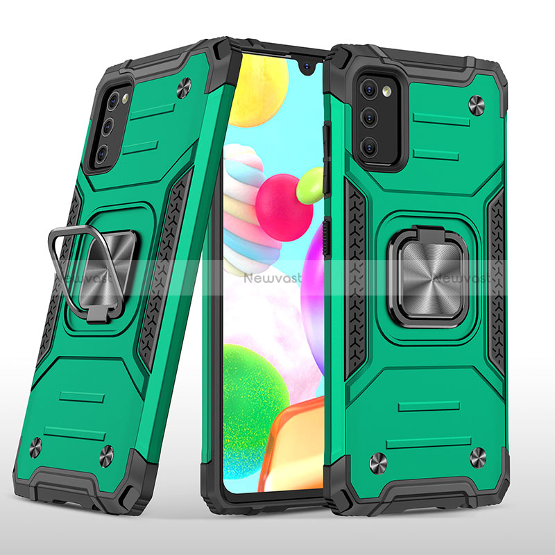 Silicone Matte Finish and Plastic Back Cover Case with Magnetic Finger Ring Stand MQ1 for Samsung Galaxy A41 Midnight Green