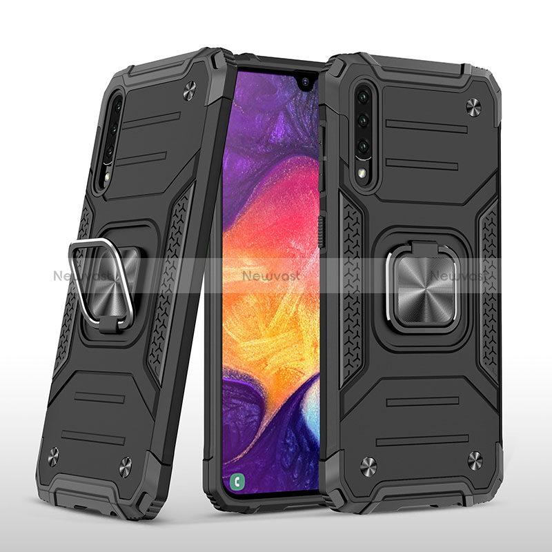 Silicone Matte Finish and Plastic Back Cover Case with Magnetic Finger Ring Stand MQ1 for Samsung Galaxy A50 Black