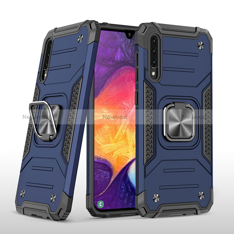 Silicone Matte Finish and Plastic Back Cover Case with Magnetic Finger Ring Stand MQ1 for Samsung Galaxy A50 Blue