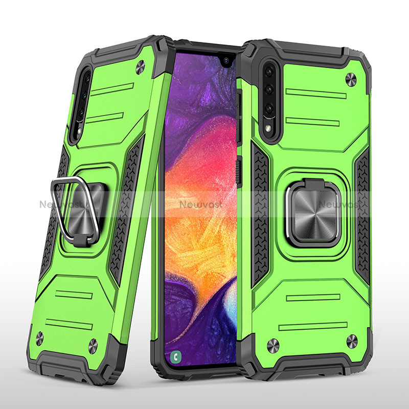 Silicone Matte Finish and Plastic Back Cover Case with Magnetic Finger Ring Stand MQ1 for Samsung Galaxy A50 Green
