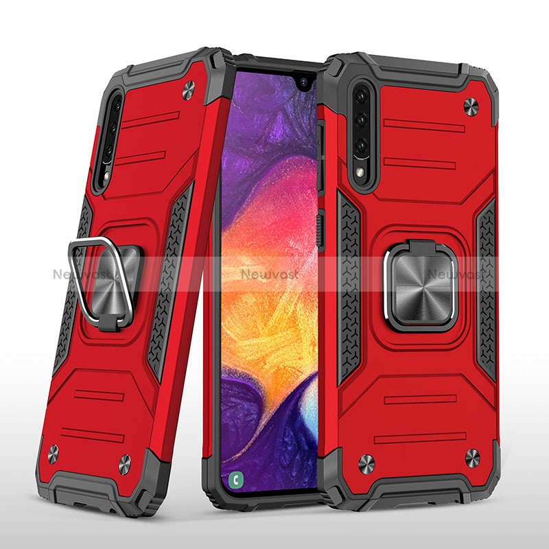 Silicone Matte Finish and Plastic Back Cover Case with Magnetic Finger Ring Stand MQ1 for Samsung Galaxy A50S Red