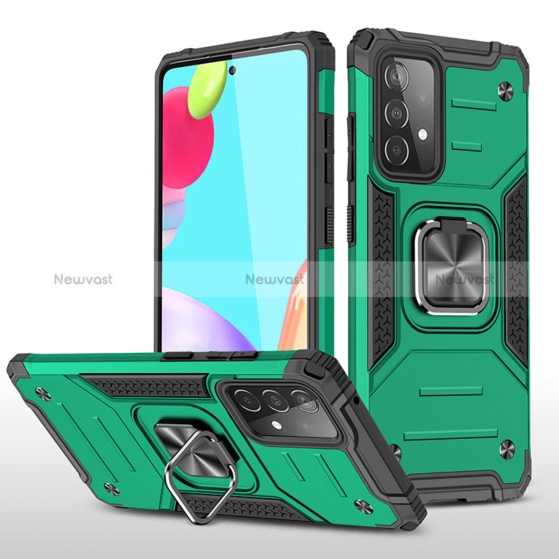 Silicone Matte Finish and Plastic Back Cover Case with Magnetic Finger Ring Stand MQ1 for Samsung Galaxy A52 4G Midnight Green