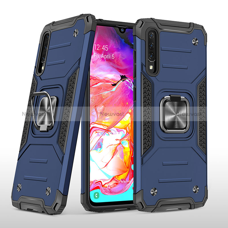 Silicone Matte Finish and Plastic Back Cover Case with Magnetic Finger Ring Stand MQ1 for Samsung Galaxy A70 Blue