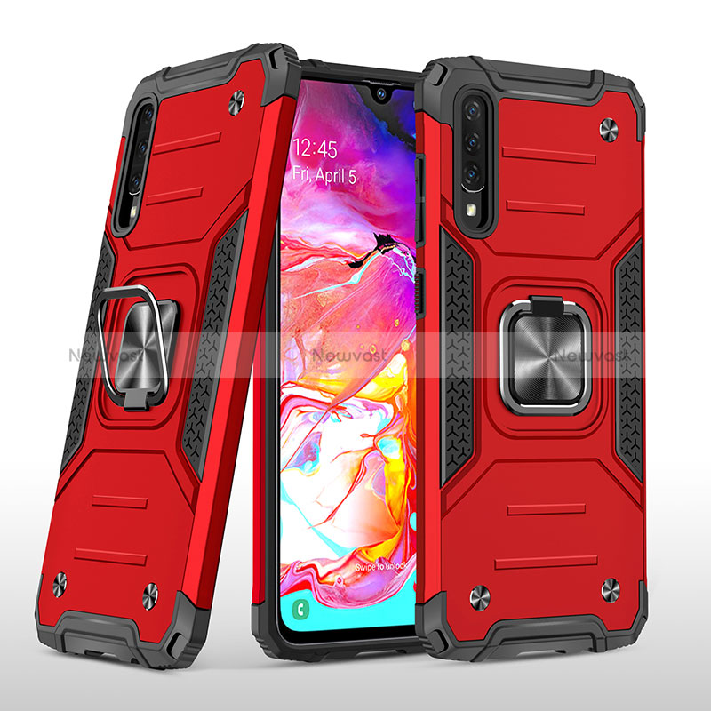 Silicone Matte Finish and Plastic Back Cover Case with Magnetic Finger Ring Stand MQ1 for Samsung Galaxy A70 Red