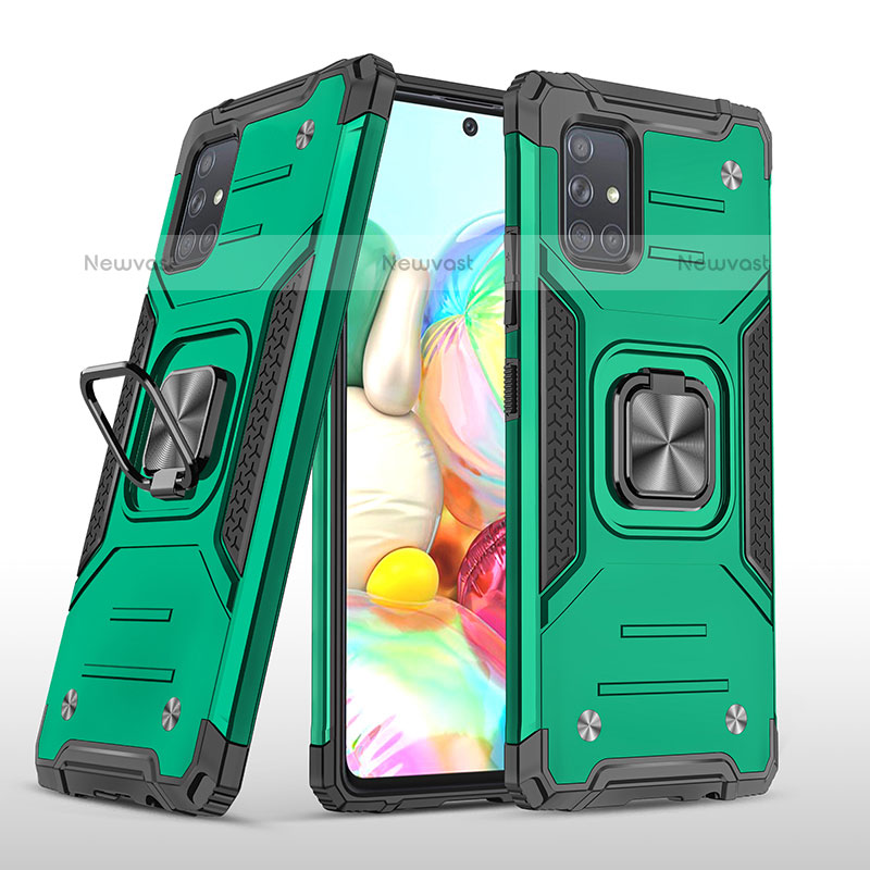 Silicone Matte Finish and Plastic Back Cover Case with Magnetic Finger Ring Stand MQ1 for Samsung Galaxy A71 4G A715 Midnight Green