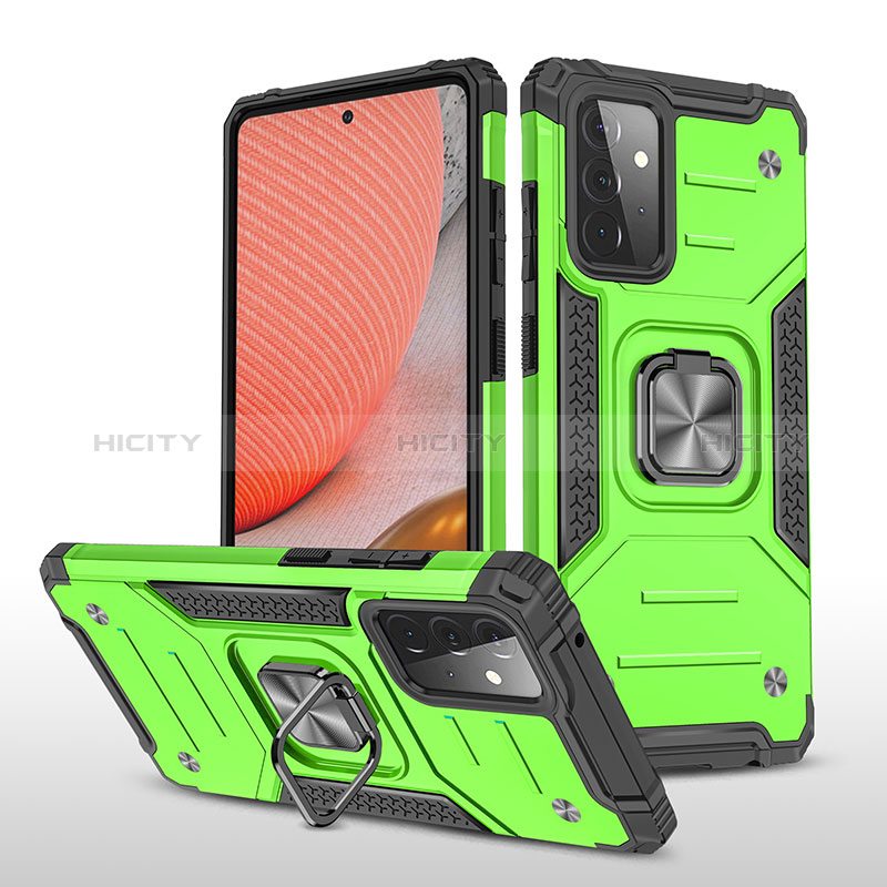 Silicone Matte Finish and Plastic Back Cover Case with Magnetic Finger Ring Stand MQ1 for Samsung Galaxy A72 5G Green