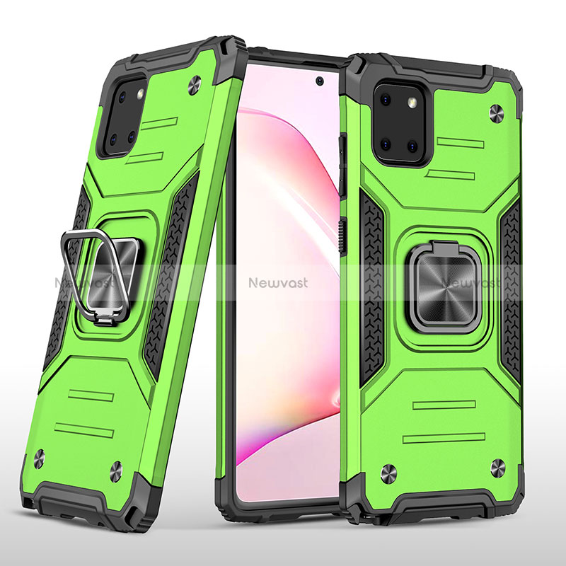 Silicone Matte Finish and Plastic Back Cover Case with Magnetic Finger Ring Stand MQ1 for Samsung Galaxy A81 Green