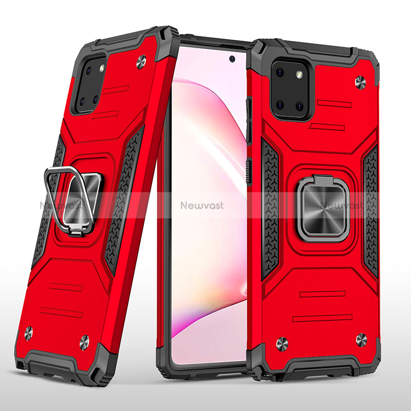 Silicone Matte Finish and Plastic Back Cover Case with Magnetic Finger Ring Stand MQ1 for Samsung Galaxy A81 Red