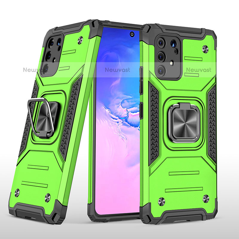 Silicone Matte Finish and Plastic Back Cover Case with Magnetic Finger Ring Stand MQ1 for Samsung Galaxy A91 Green
