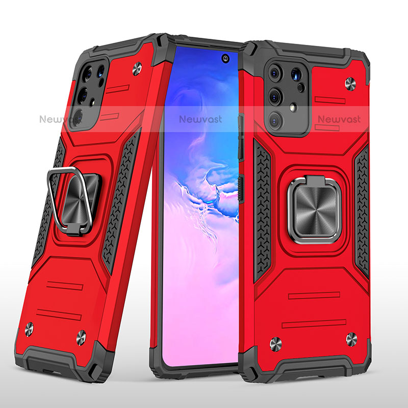 Silicone Matte Finish and Plastic Back Cover Case with Magnetic Finger Ring Stand MQ1 for Samsung Galaxy A91 Red
