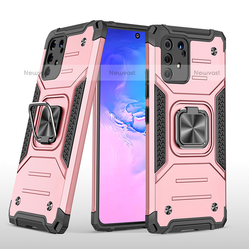 Silicone Matte Finish and Plastic Back Cover Case with Magnetic Finger Ring Stand MQ1 for Samsung Galaxy A91 Rose Gold