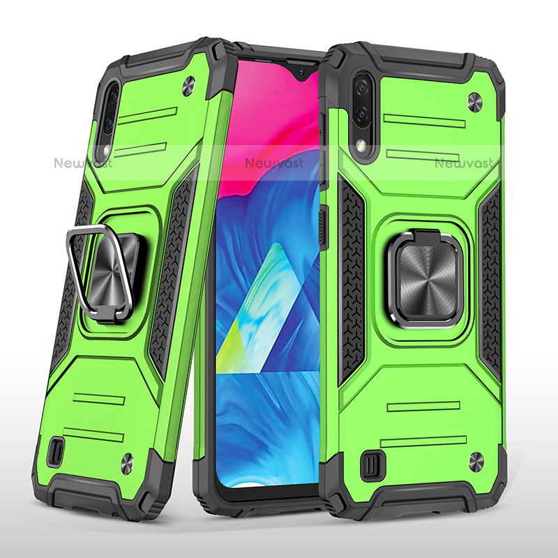 Silicone Matte Finish and Plastic Back Cover Case with Magnetic Finger Ring Stand MQ1 for Samsung Galaxy M10 Green