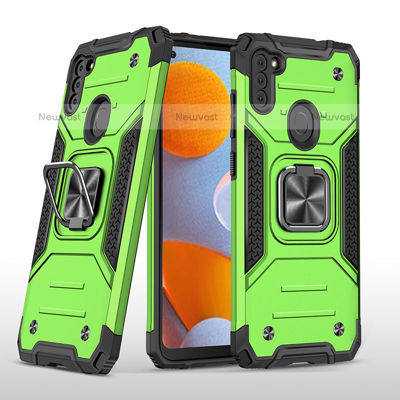 Silicone Matte Finish and Plastic Back Cover Case with Magnetic Finger Ring Stand MQ1 for Samsung Galaxy M11