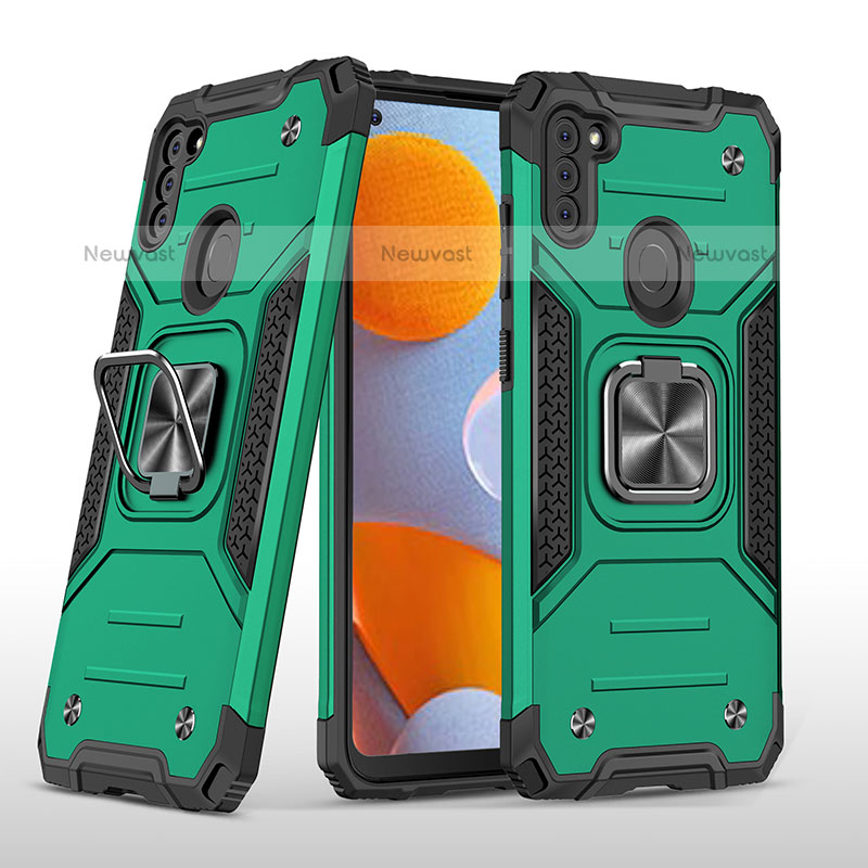 Silicone Matte Finish and Plastic Back Cover Case with Magnetic Finger Ring Stand MQ1 for Samsung Galaxy M11 Midnight Green