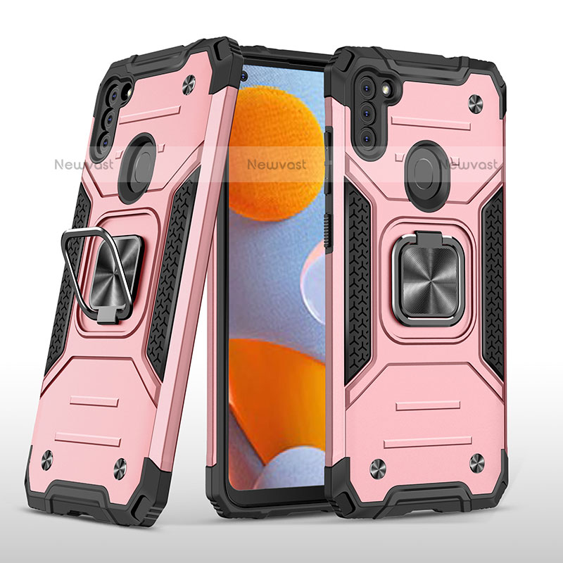 Silicone Matte Finish and Plastic Back Cover Case with Magnetic Finger Ring Stand MQ1 for Samsung Galaxy M11 Rose Gold