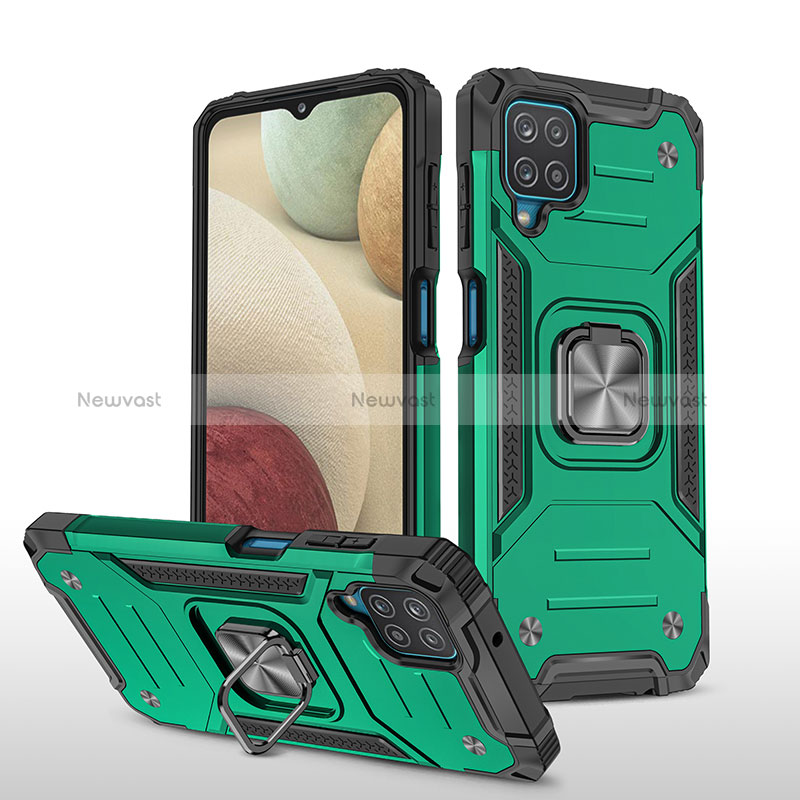 Silicone Matte Finish and Plastic Back Cover Case with Magnetic Finger Ring Stand MQ1 for Samsung Galaxy M12 Midnight Green