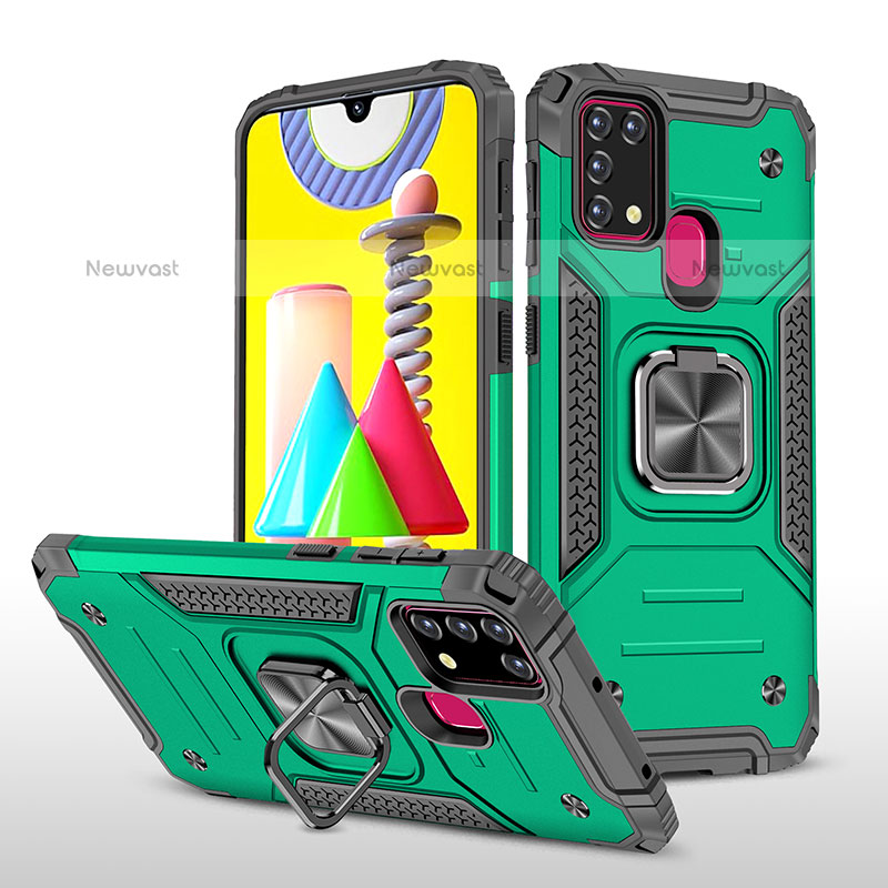 Silicone Matte Finish and Plastic Back Cover Case with Magnetic Finger Ring Stand MQ1 for Samsung Galaxy M31 Midnight Green