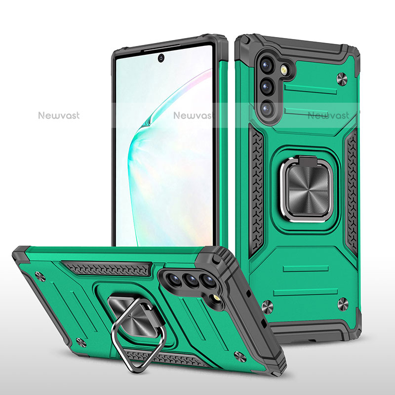 Silicone Matte Finish and Plastic Back Cover Case with Magnetic Finger Ring Stand MQ1 for Samsung Galaxy Note 10 5G Midnight Green