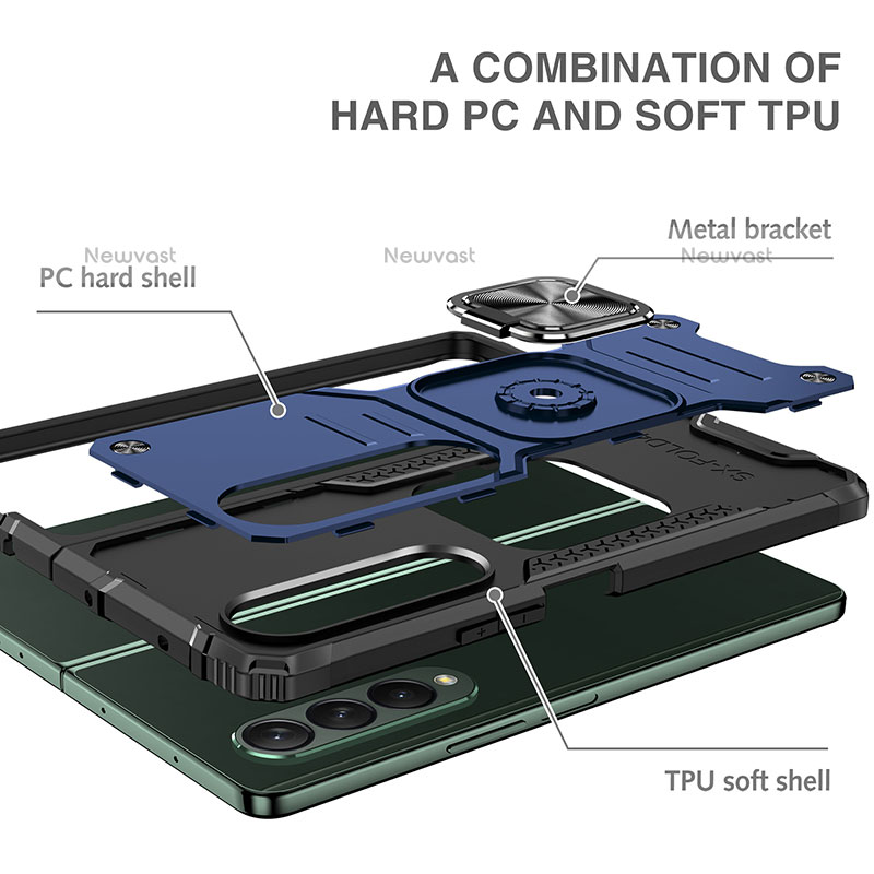 Silicone Matte Finish and Plastic Back Cover Case with Magnetic Finger Ring Stand MQ1 for Samsung Galaxy Z Fold3 5G