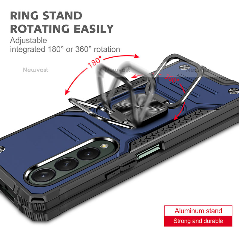 Silicone Matte Finish and Plastic Back Cover Case with Magnetic Finger Ring Stand MQ1 for Samsung Galaxy Z Fold3 5G