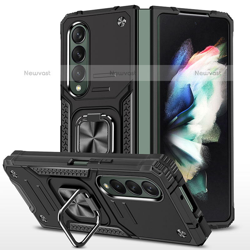 Silicone Matte Finish and Plastic Back Cover Case with Magnetic Finger Ring Stand MQ1 for Samsung Galaxy Z Fold3 5G Black