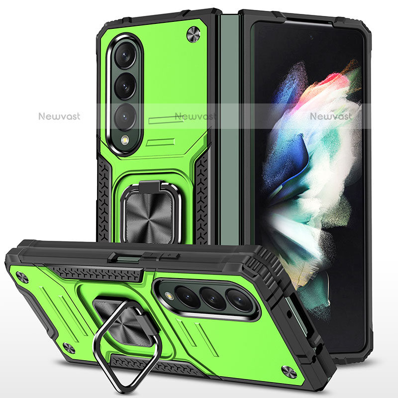 Silicone Matte Finish and Plastic Back Cover Case with Magnetic Finger Ring Stand MQ1 for Samsung Galaxy Z Fold3 5G Green