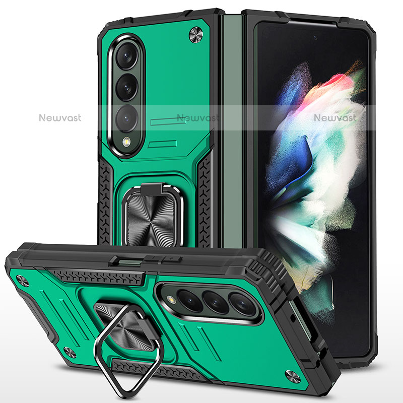 Silicone Matte Finish and Plastic Back Cover Case with Magnetic Finger Ring Stand MQ1 for Samsung Galaxy Z Fold3 5G Midnight Green