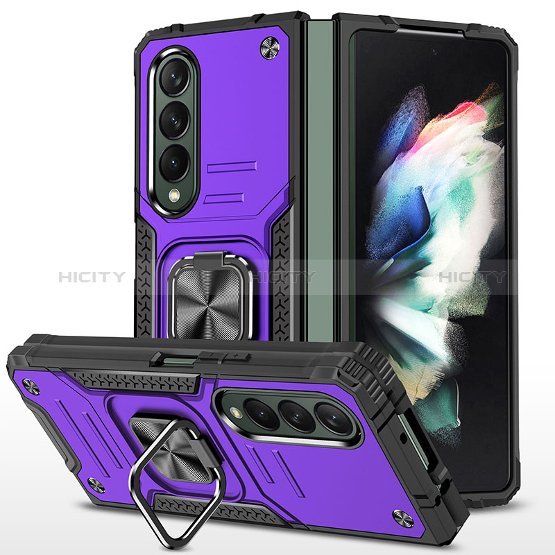 Silicone Matte Finish and Plastic Back Cover Case with Magnetic Finger Ring Stand MQ1 for Samsung Galaxy Z Fold4 5G