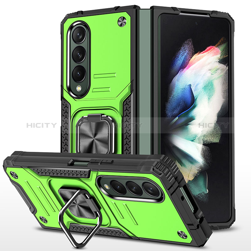 Silicone Matte Finish and Plastic Back Cover Case with Magnetic Finger Ring Stand MQ1 for Samsung Galaxy Z Fold4 5G Green