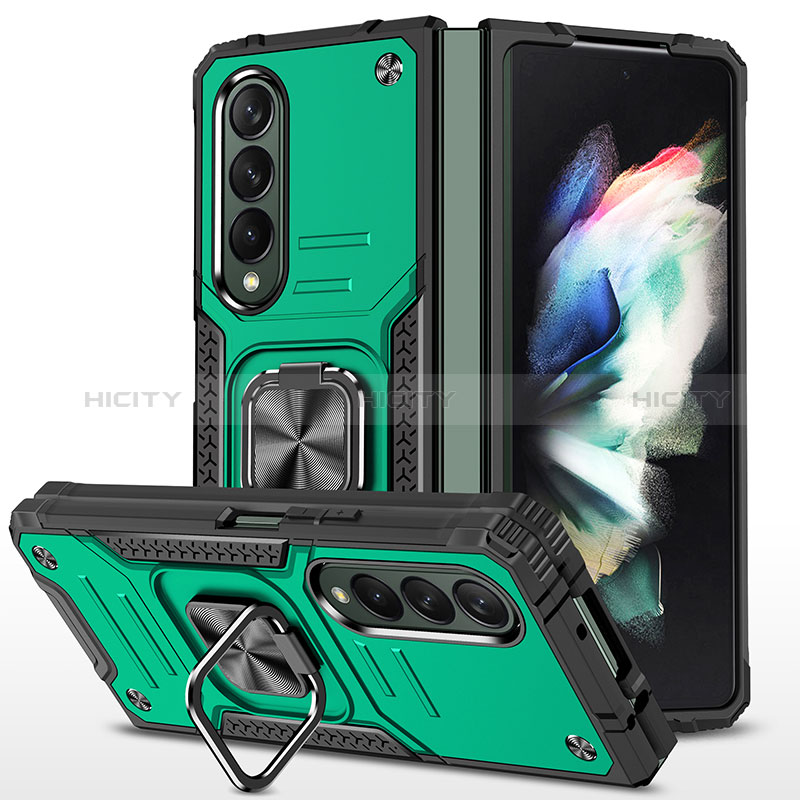 Silicone Matte Finish and Plastic Back Cover Case with Magnetic Finger Ring Stand MQ1 for Samsung Galaxy Z Fold4 5G Midnight Green