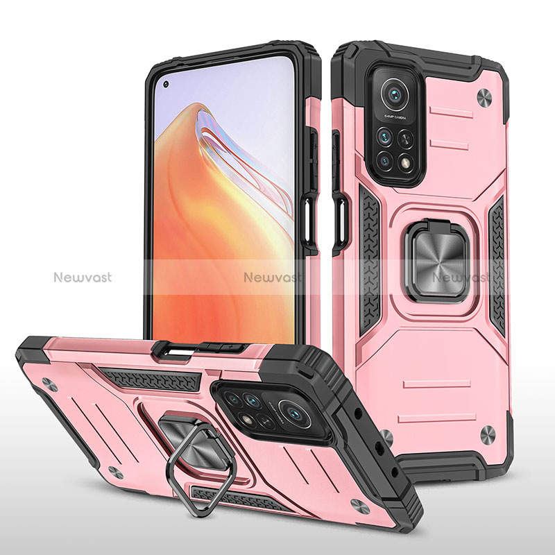 Silicone Matte Finish and Plastic Back Cover Case with Magnetic Finger Ring Stand MQ1 for Xiaomi Mi 10T Pro 5G Rose Gold