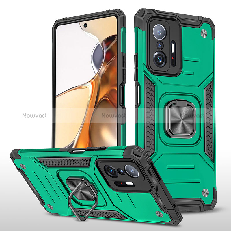 Silicone Matte Finish and Plastic Back Cover Case with Magnetic Finger Ring Stand MQ1 for Xiaomi Mi 11T Pro 5G Midnight Green