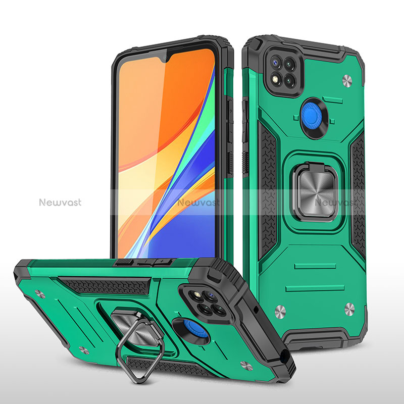 Silicone Matte Finish and Plastic Back Cover Case with Magnetic Finger Ring Stand MQ1 for Xiaomi POCO C3 Midnight Green