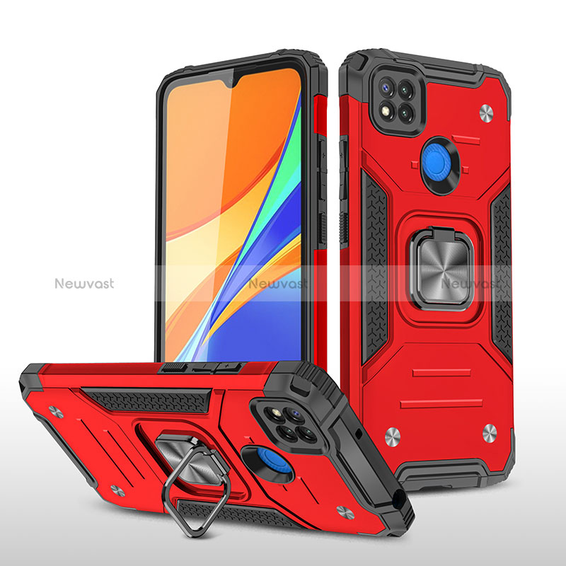 Silicone Matte Finish and Plastic Back Cover Case with Magnetic Finger Ring Stand MQ1 for Xiaomi POCO C3 Red