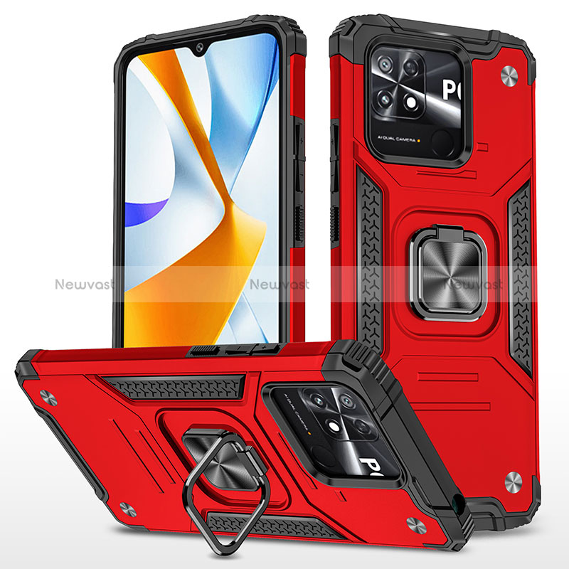 Silicone Matte Finish and Plastic Back Cover Case with Magnetic Finger Ring Stand MQ1 for Xiaomi Poco C40 Red