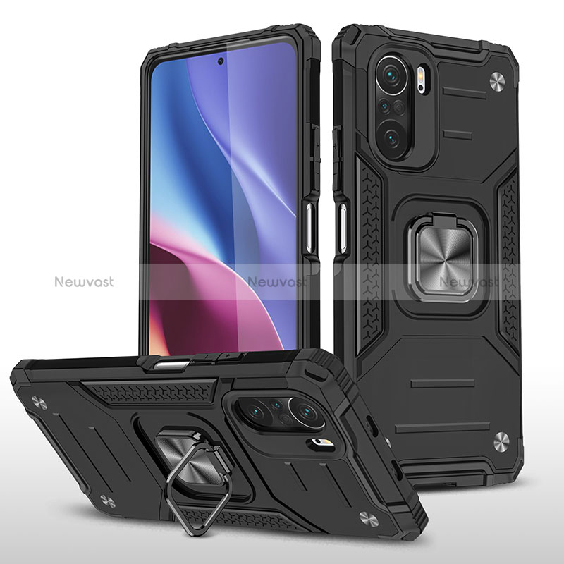 Silicone Matte Finish and Plastic Back Cover Case with Magnetic Finger Ring Stand MQ1 for Xiaomi Poco F3 5G