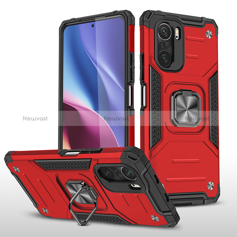 Silicone Matte Finish and Plastic Back Cover Case with Magnetic Finger Ring Stand MQ1 for Xiaomi Poco F3 5G Red